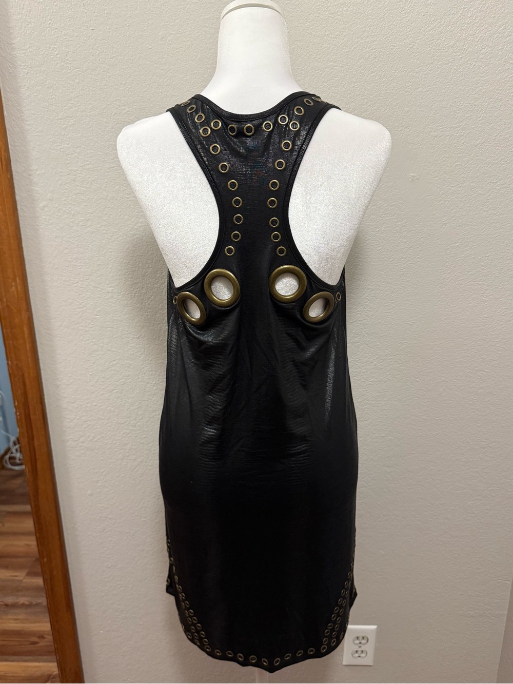 Caribbean Queen Black Mini Dress with Gold Eyelet Accents - Picture 2 of 7